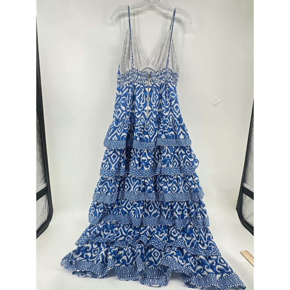 Alice + Olivia Imogene Blue Ikat Tiered Cotton Maxi Dress Size 10 Wedding Guest - Picture 4 of 16